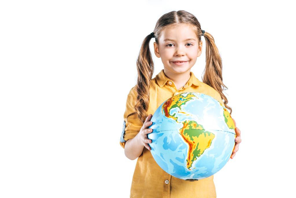 cute smiling child holding globe isolated on white, earth day concept - Photo, Image