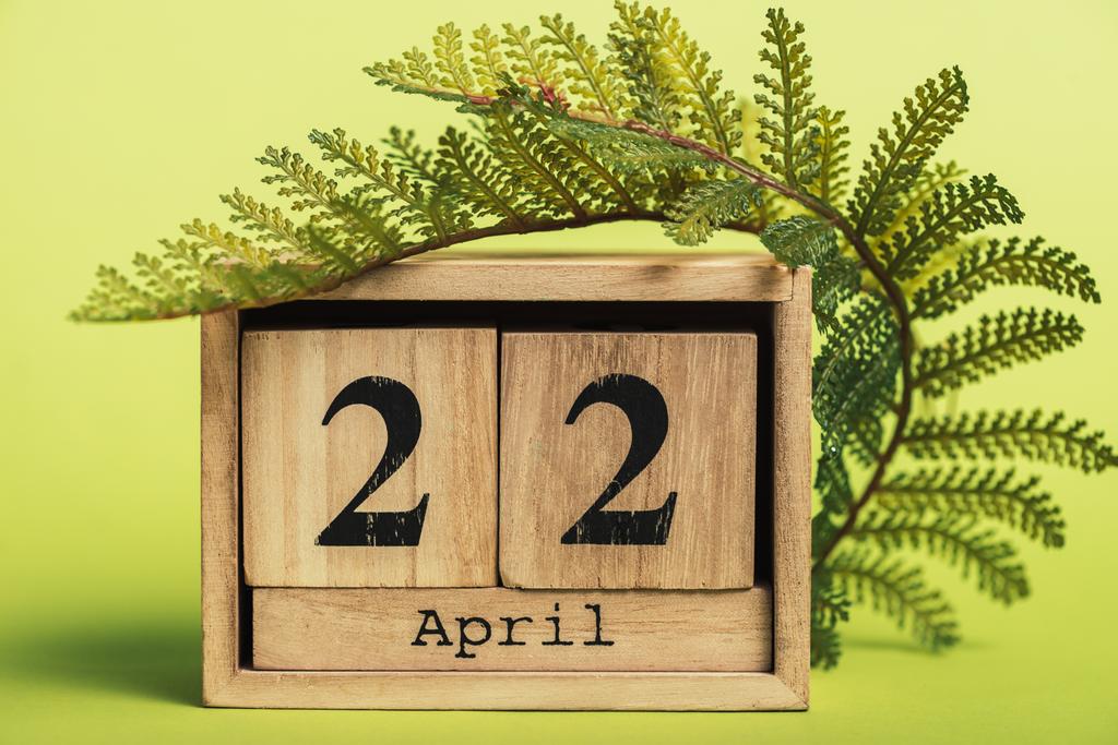 Holzkalender mit Datum "22. April" und grünem Farnblatt auf hellgrünem Hintergrund - Foto, Bild