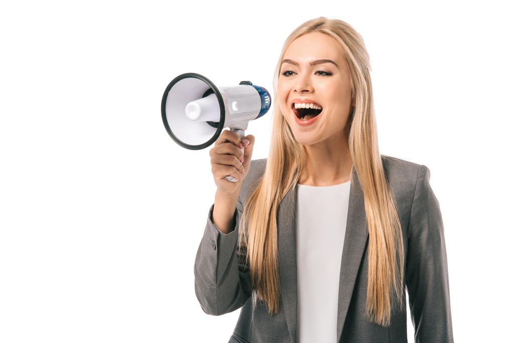 щаслива емоційна бізнес-леді кричить з мегафоном, ізольована на білому
 - Фото, зображення