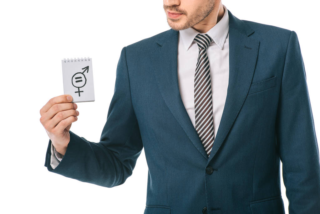 περικοπεί προβολή του επιχειρηματία κρατώντας σύμβολο ισότητας των φύλων, απομονώνονται σε λευκό - Φωτογραφία, εικόνα