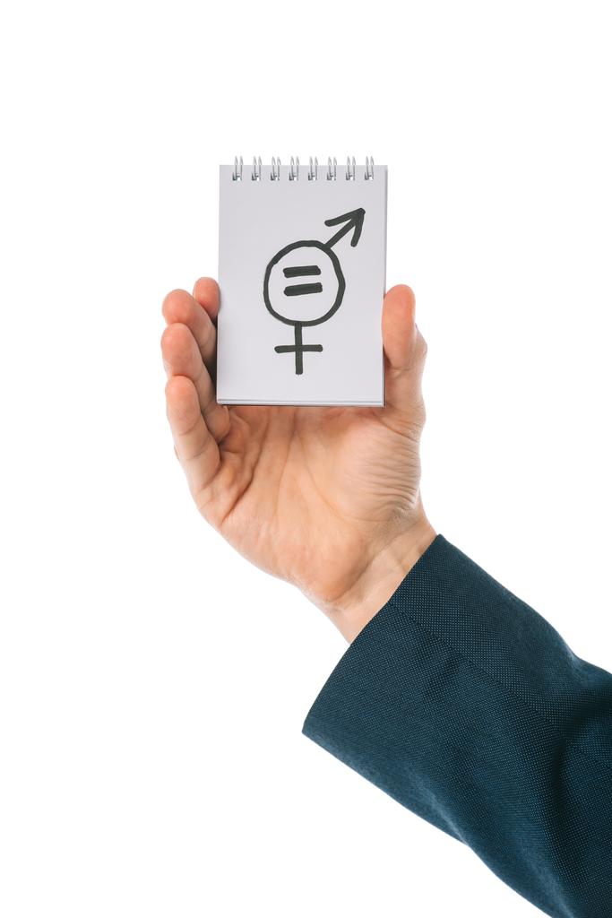 osittainen näkemys liikemiehestä, jolla on sukupuolten tasa-arvon merkki kädessä, eristyksissä valkoisella
 - Valokuva, kuva