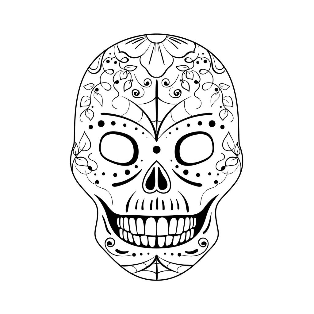 Cráneo de azúcar para colorear página. Icono / símbolo. Vector illustration of Skull the Day of the Death (en inglés). Cráneo con adorno floral y patrón sin costuras de flores. Ilustración vectorial
. - Vector, imagen