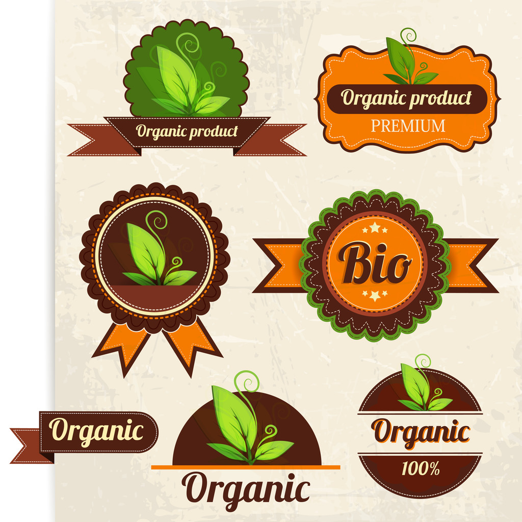 Kollektionsdesign für Öko- und Bio-Labels auf Retro-Hintergrund - Vektor, Bild