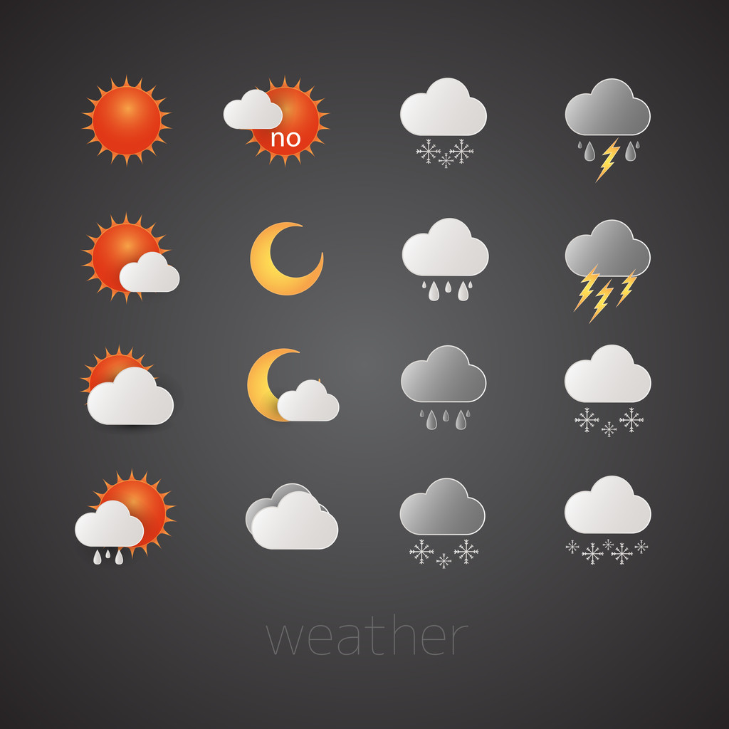 Wettersymbole auf schwarzem Hintergrund. Vektorillustrationen - Vektor, Bild