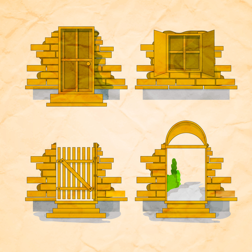 εικονογράφηση μιας πόρτας και παραθύρων μέσα και έξω έκδοση με τούβλα - Διάνυσμα, εικόνα