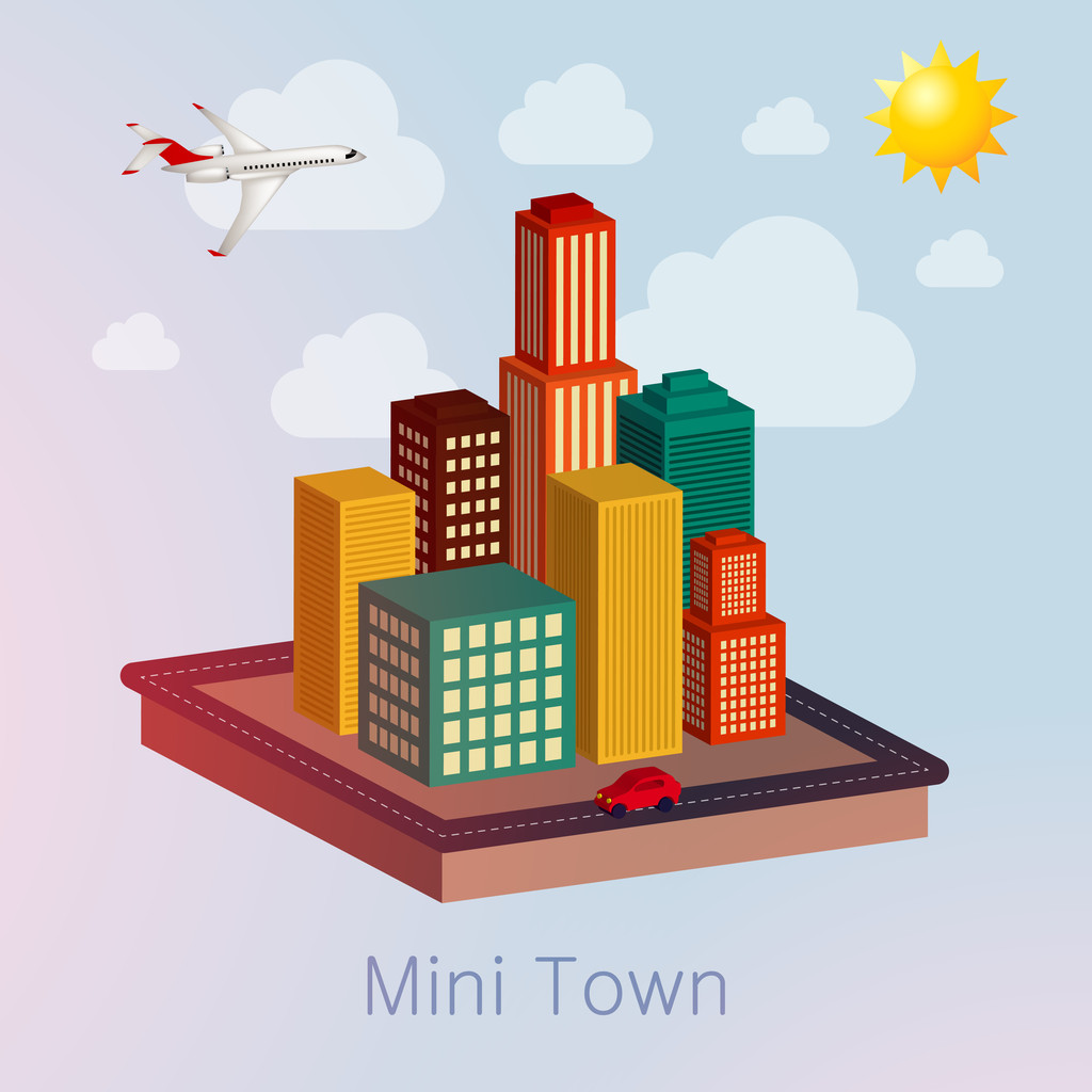 Mini-Stadt Illustration mit Flugzeug - Vektor, Bild