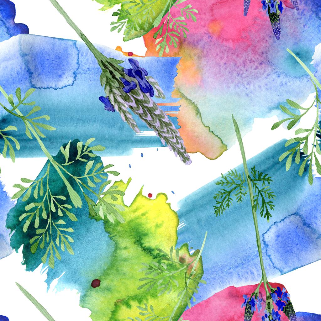 Modrá fialová levandule květ. Divoký jarní listové wildflower izolován. Sada akvarel ilustrace. Akvarel výkresu módní aquarelle. Vzor bezešvé pozadí. Fabric tapety tisku textura. - Fotografie, Obrázek
