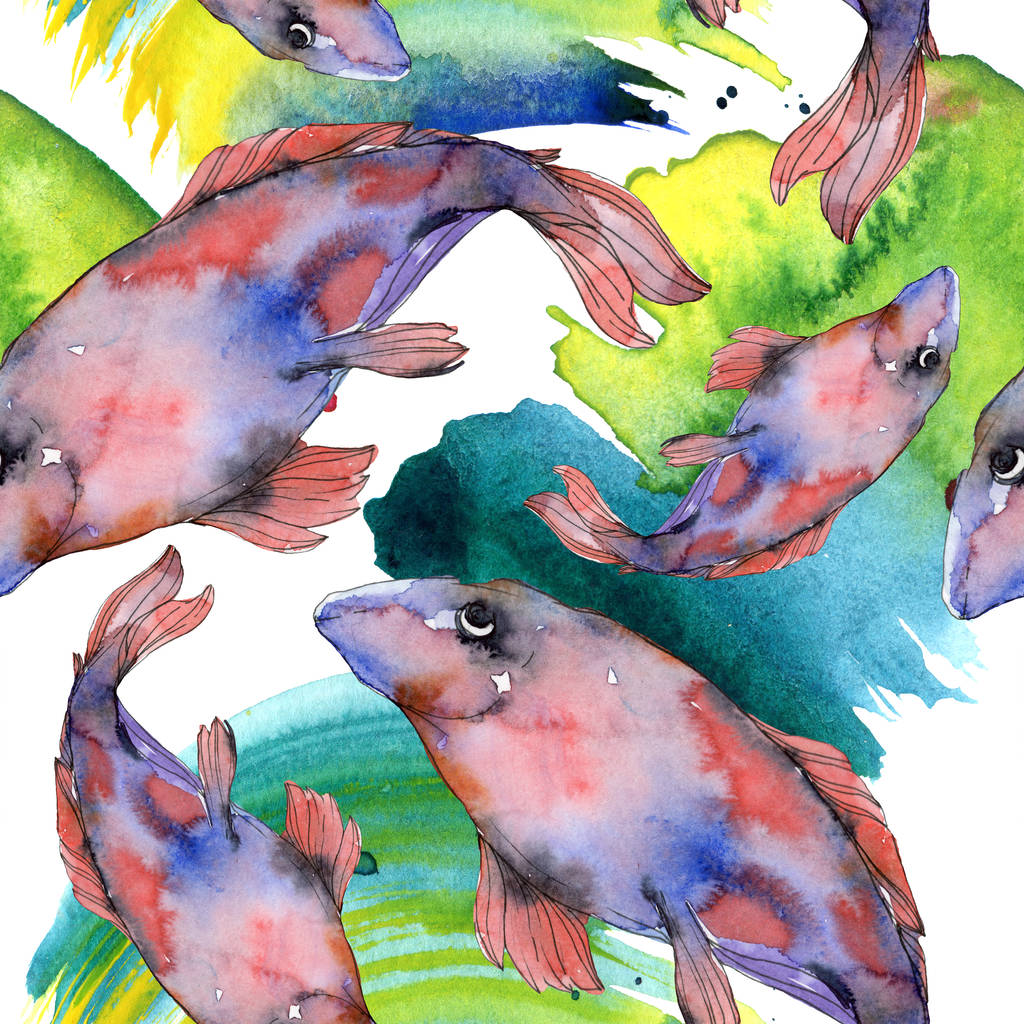 Spotted aquatic underwater colorful fish set. Red sea and exotic fishes inside. Watercolor illustration set. Watercolour drawing fashion aquarelle. Seamless background pattern. Fabric wallpaper print. - Photo, Image