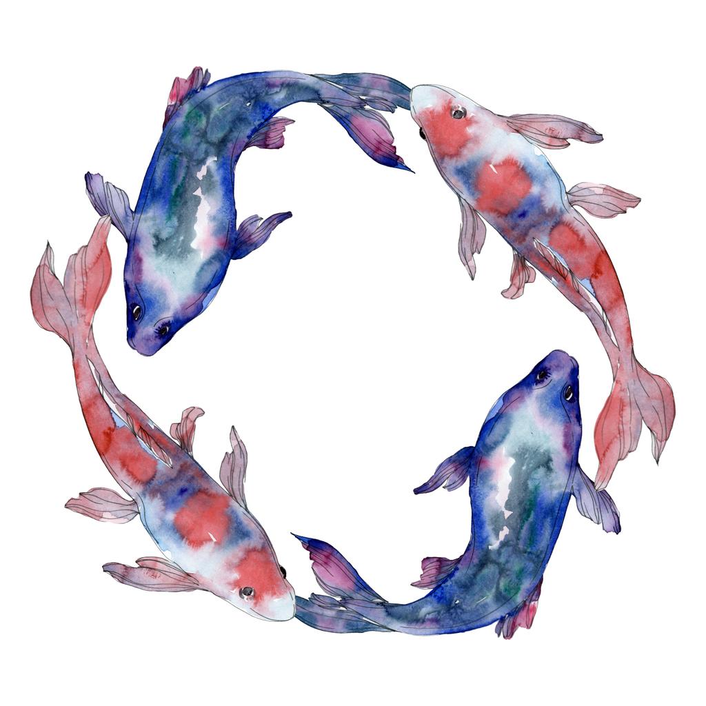斑点を付けられた水生水中のカラフルな魚を設定します。紅海と内部のエキゾチックな魚。水彩画背景イラスト セット。水彩描画のファッション aquarelle 分離します。フレーム枠飾りスクエア. - 写真・画像