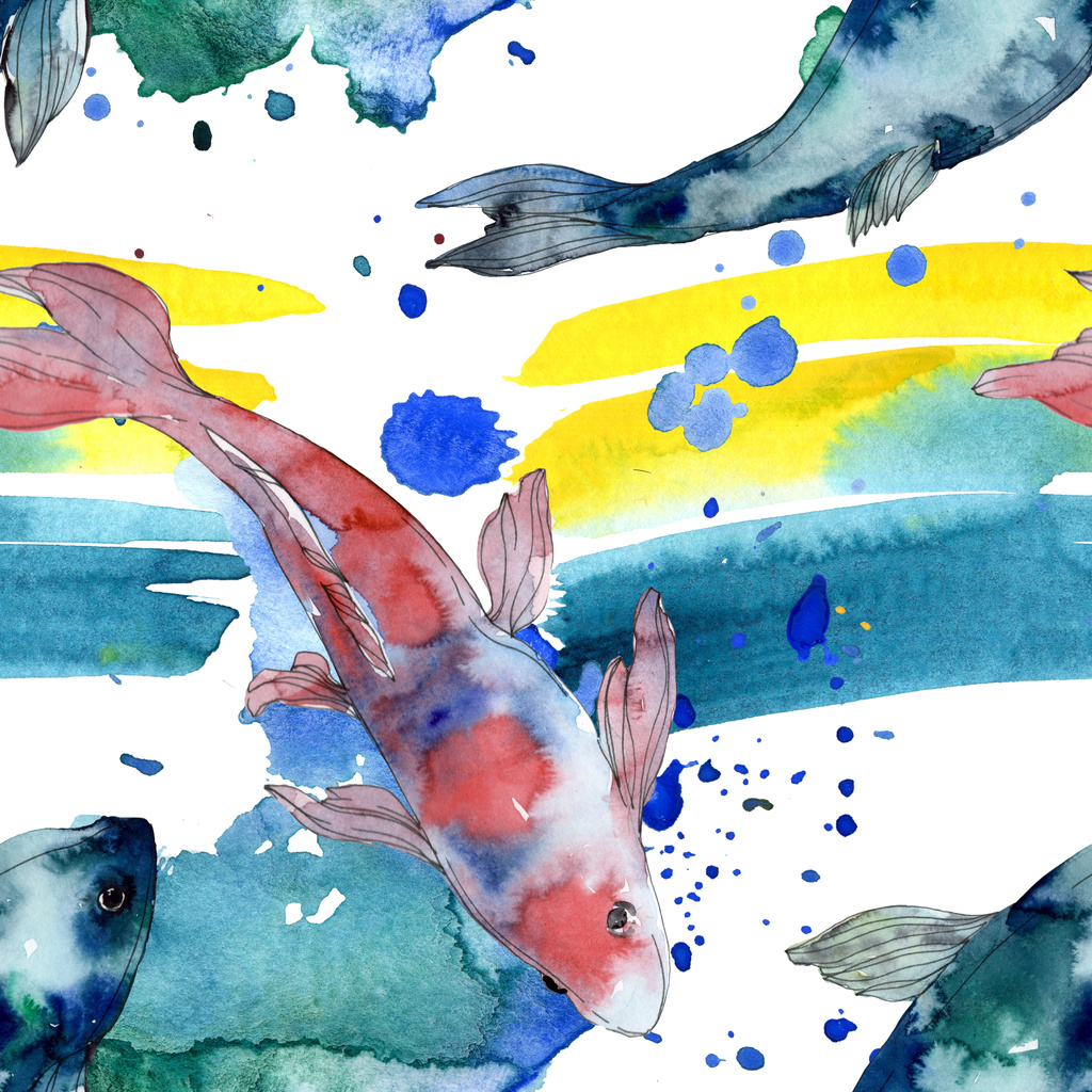 Pettyes vízi víz alatti színes hal meg. Vörös-tenger és egzotikus halak belül. Akvarell illusztráció készlet. Akvarell rajz divat aquarelle. Varratmentes háttérben minta. Szövet tapéta nyomtatása. - Fotó, kép