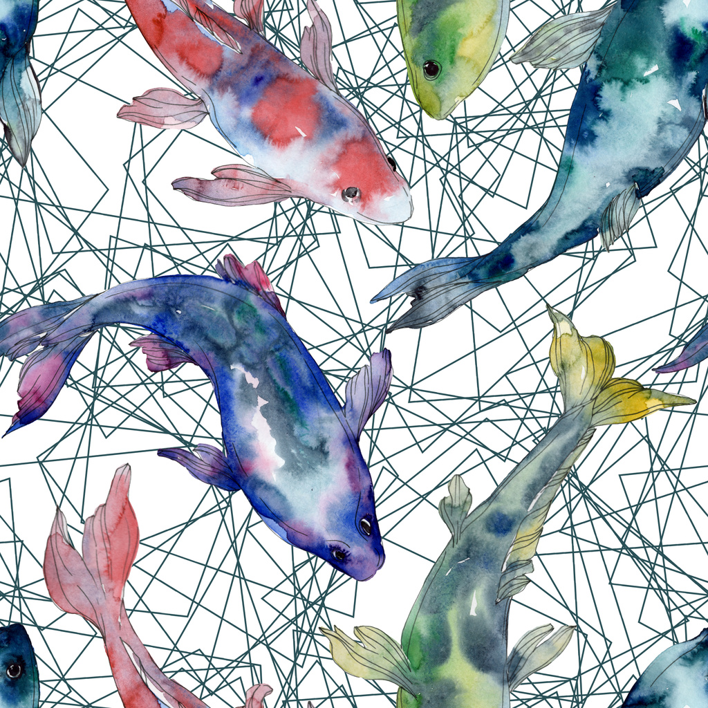 斑点を付けられた水生水中のカラフルな魚を設定します。紅海と内部のエキゾチックな魚。水彩イラスト セット。水彩描画ファッション aquarelle。シームレスな背景パターン。生地の壁紙印刷. - 写真・画像