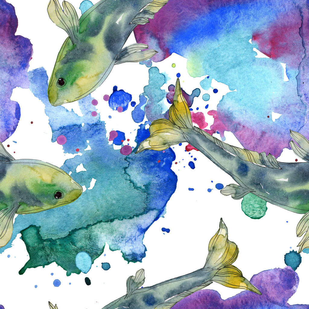Плямистий водний підводний барвистий рибний набір. Червоне море та екзотичні риби всередині. Набір акварельних ілюстрацій. Акварель для акварелі. Безшовний візерунок тла. Тканинний принт шпалер
. - Фото, зображення