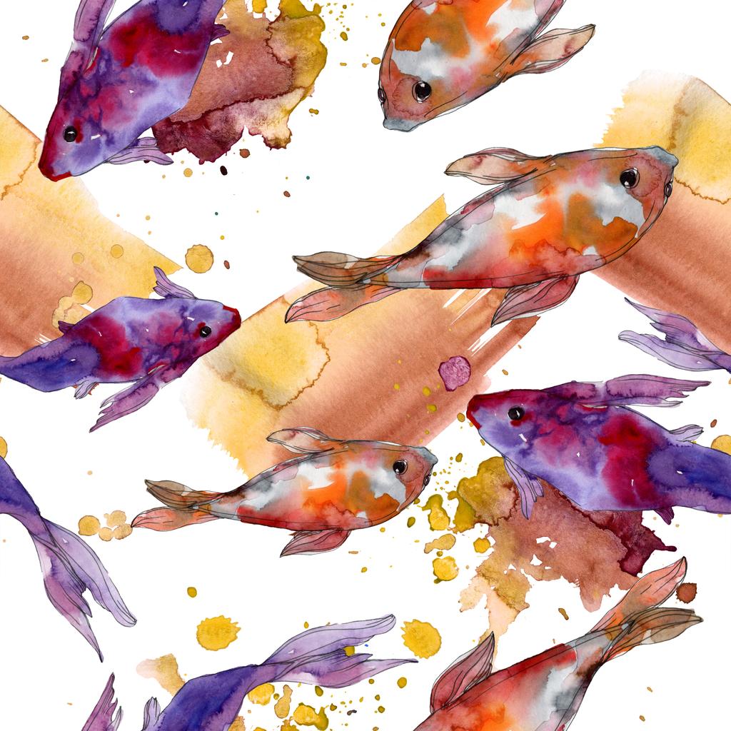 Su Balık seti. Kızıldeniz ve egzotik balıkları içinde: Goldfish. Suluboya resim kümesi. Suluboya çizim moda aquarelle. Sorunsuz arka plan deseni. Kumaş duvar kağıdı yazdırma doku. - Fotoğraf, Görsel