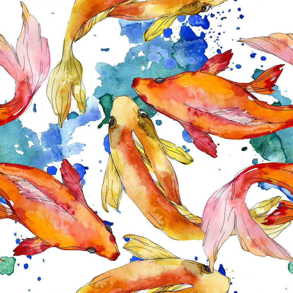 Peixes aquáticos. Mar vermelho e peixes exóticos dentro: Goldfish. Conjunto de ilustrações aquarela. Aquarelle desenho aquarelle moda. Padrão de fundo sem costura. Tecido papel de parede impressão textura
. - Foto, Imagem