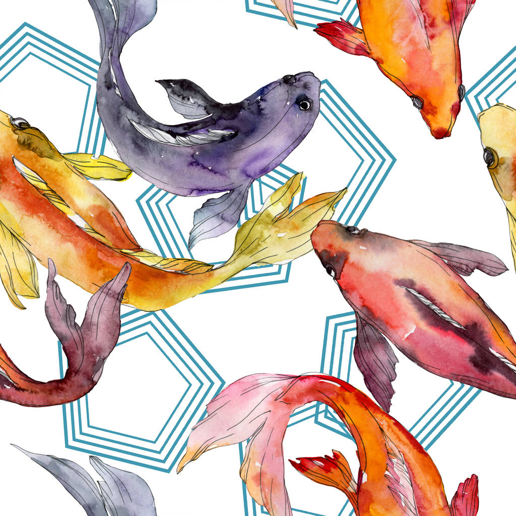 Peixes aquáticos. Mar vermelho e peixes exóticos dentro: Goldfish. Conjunto de ilustrações aquarela. Aquarelle desenho aquarelle moda. Padrão de fundo sem costura. Tecido papel de parede impressão textura
. - Foto, Imagem