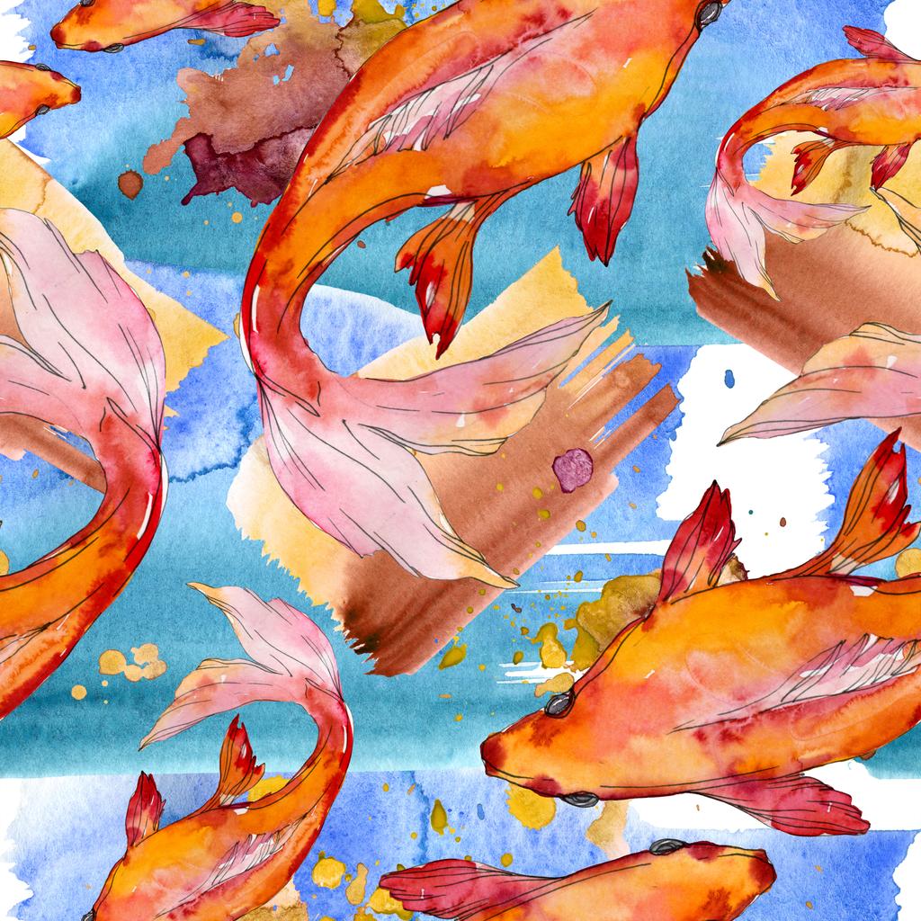 Juego de peces acuáticos. Mar Rojo y peces exóticos en su interior: Goldfish. Juego de ilustración en acuarela. Acuarela dibujo moda aquarelle. Patrón de fondo sin costuras. Textura de impresión de papel pintado de tela
. - Foto, imagen