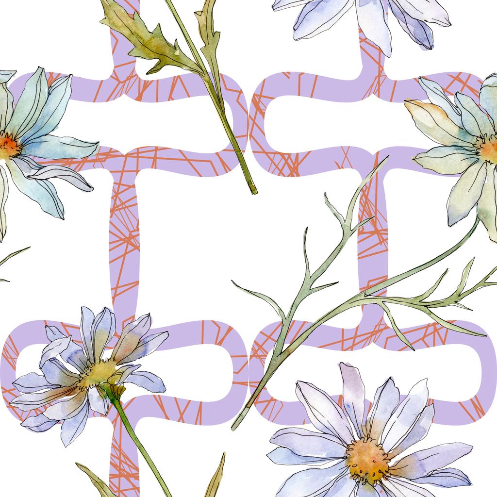 chamomiles and daisies with green leaves watercolor illustration, seamless background pattern - Photo, Image