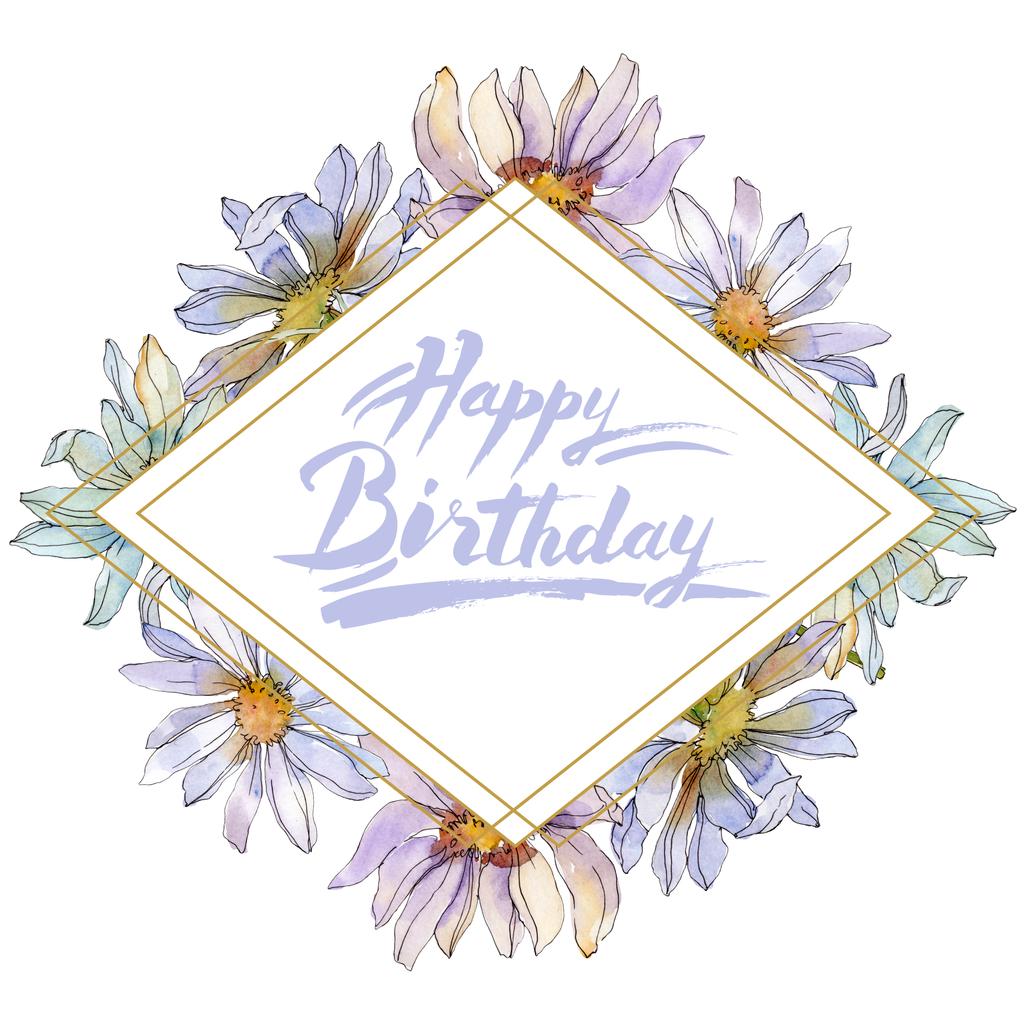 manzanillas y margaritas con hojas verdes conjunto de ilustración de acuarela, marco ornamento borde con letras feliz cumpleaños
 - Foto, imagen