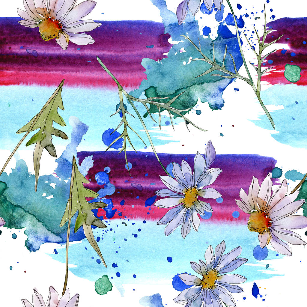 Kamillen mit grünen Blättern Aquarell Illustration, nahtlose Hintergrundmuster - Foto, Bild