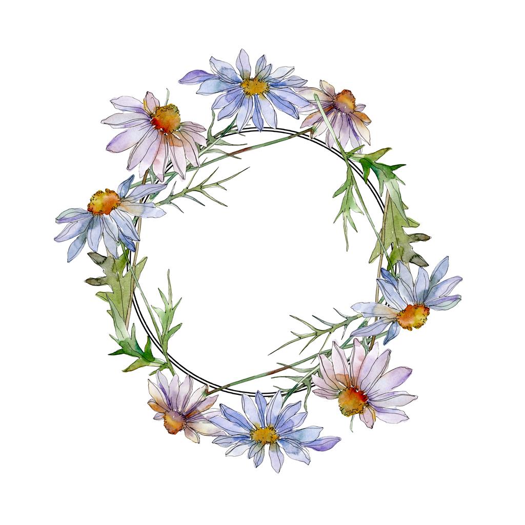 chamomiles and daisies with green leaves watercolor illustration set, frame border ornament with copy space - Photo, Image