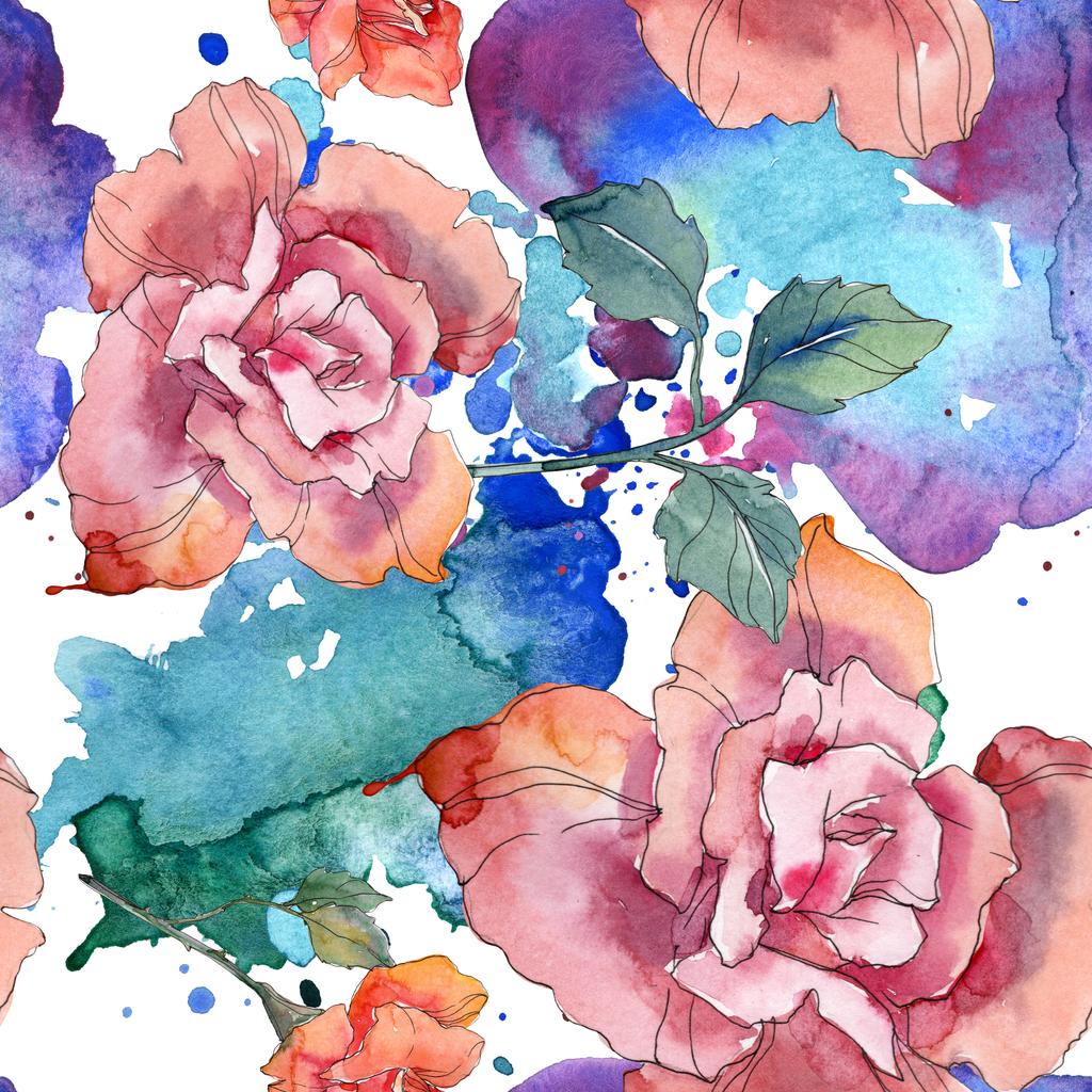 赤とピンク バラ花植物の花 野生春葉が分離されました 水彩イラスト セット 水彩描画ファッション Aquarelle シームレスな背景パターン 壁紙印刷手触りの生地 ロイヤリティフリー写真 画像素材