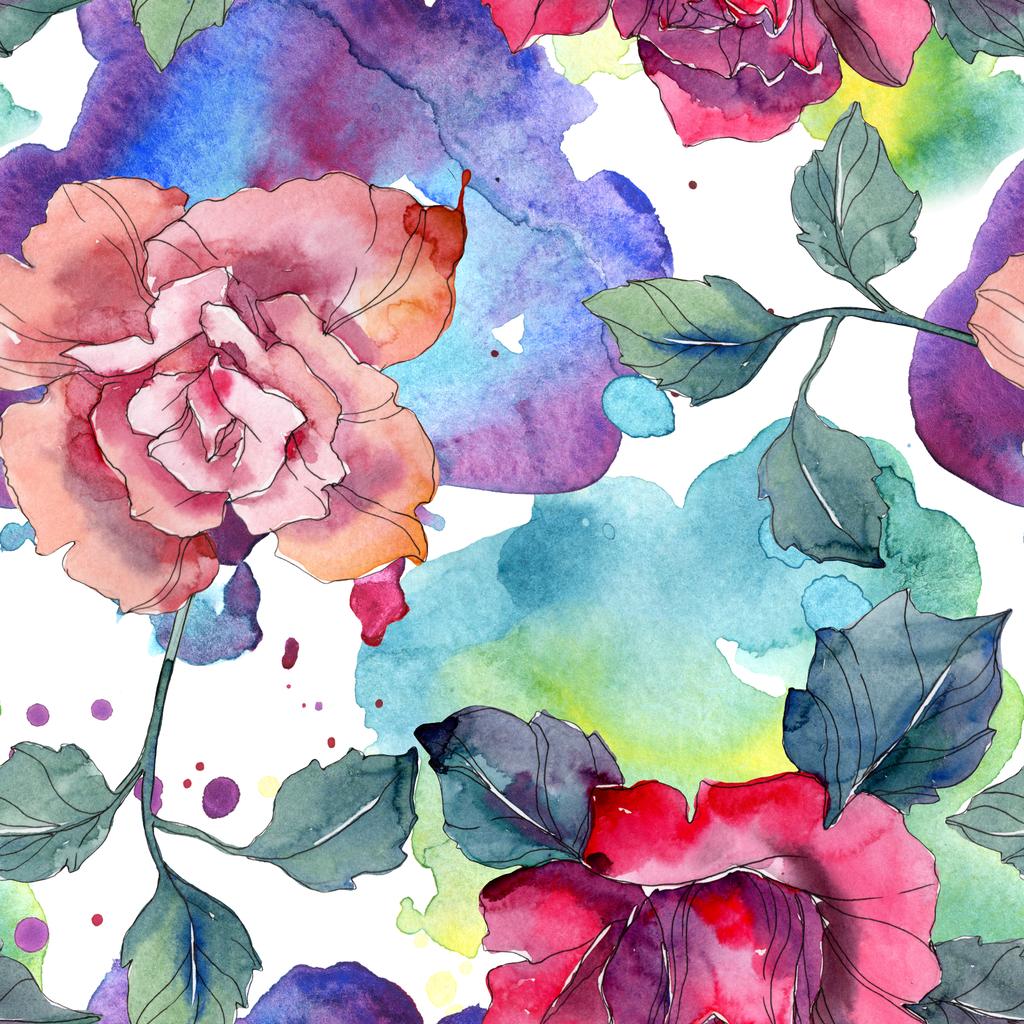 Red and pink rose floral botanical flower. Wild spring leaf isolated. Watercolor illustration set. Watercolour drawing fashion aquarelle. Seamless background pattern. Fabric wallpaper print texture. - Photo, Image