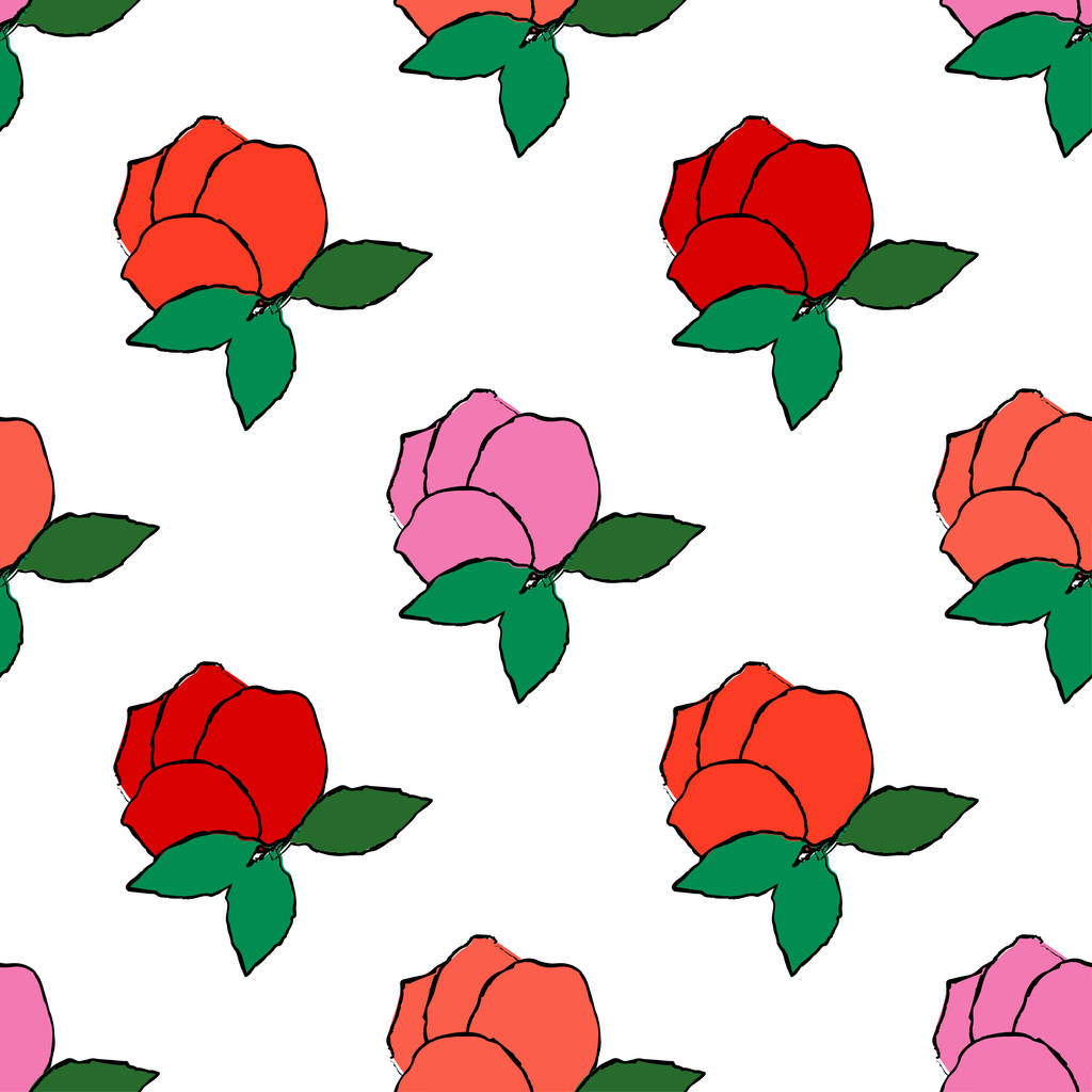 Padrão sem costura com rosas decorativas rosa com curso preto no fundo branco. Jardim de verão. Pode ser usado para papel de parede, têxtil, cartão de convite, embalagem, fundo da página web
. - Vetor, Imagem