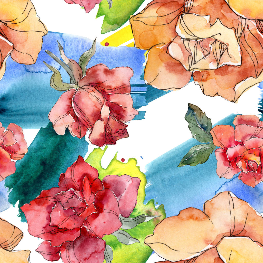 Orange and red Rose floral botanical flower. Wild spring leaf isolated. Watercolor illustration set. Watercolour drawing fashion aquarelle. Seamless background pattern. Fabric wallpaper print texture. - Photo, Image