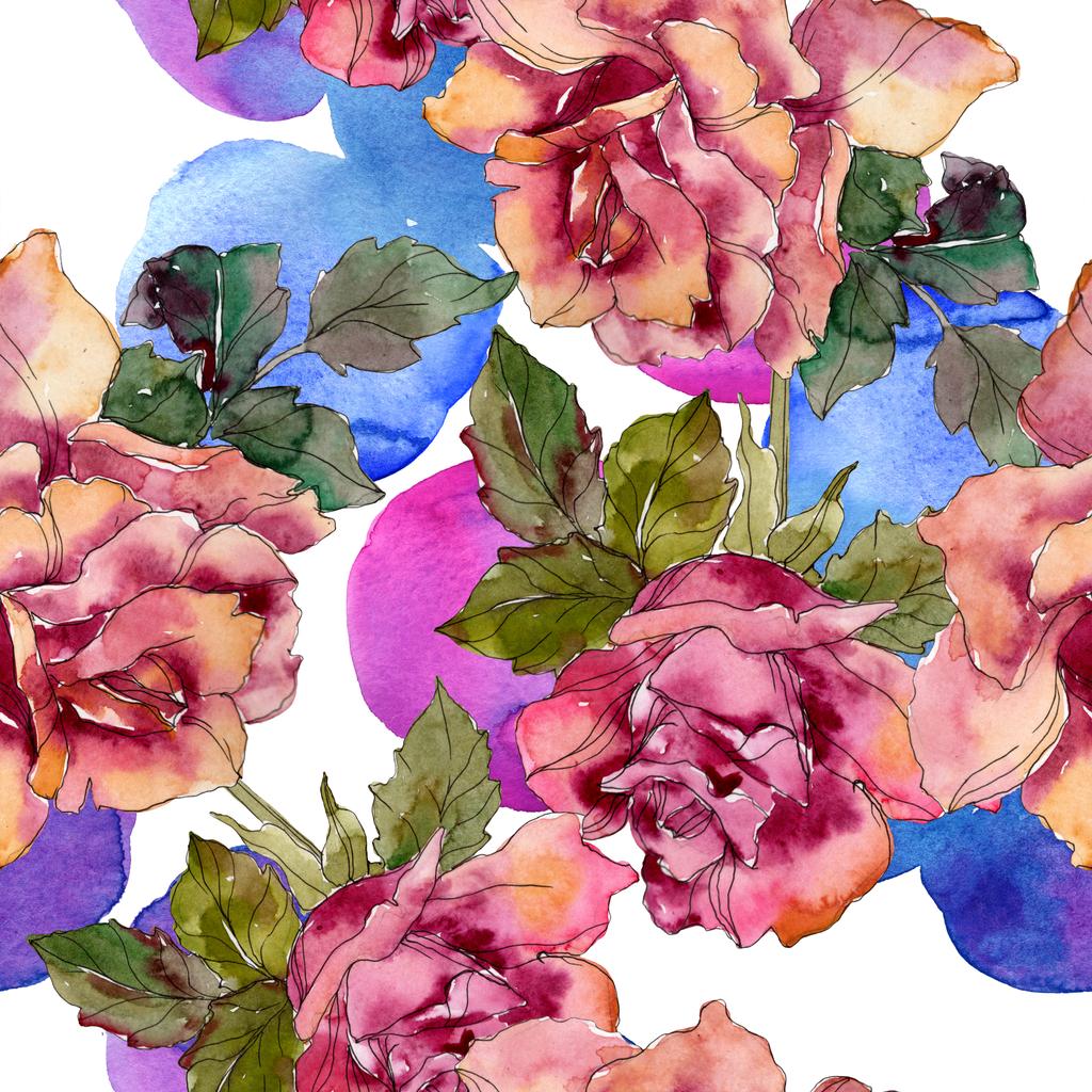 ピンクのバラの花植物花をマルーンします 野生春葉が分離されました 水彩イラスト セット 水彩描画ファッション Aquarelle シームレスな背景パターン 壁紙印刷手触りの生地 ロイヤリティフリー写真 画像素材