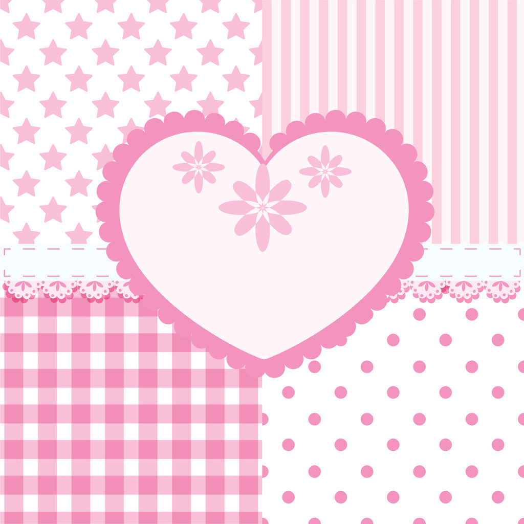Vector set of heart and 4 seamless background patterns in light pink - Vector, Image