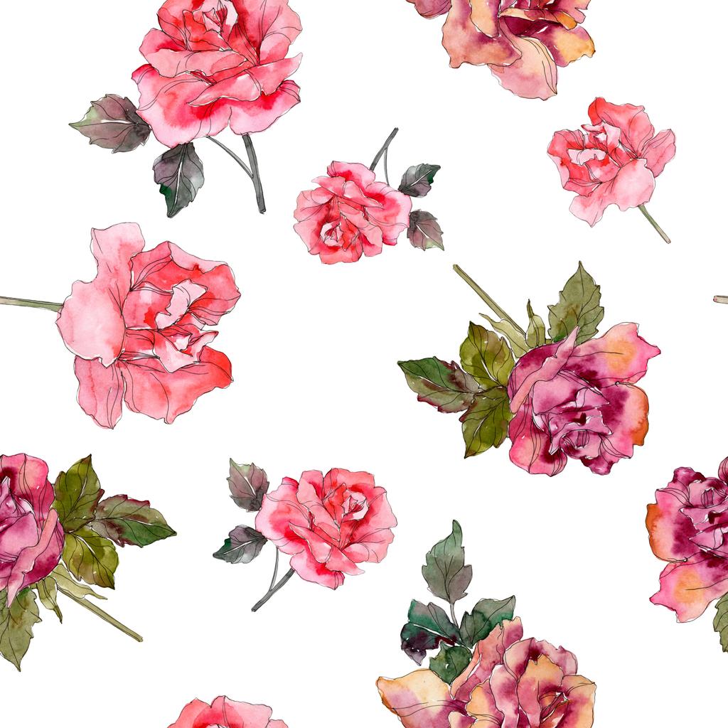 ピンクのバラ花植物花 野生春葉が分離されました 水彩イラスト セット 水彩描画ファッション Aquarelle シームレスな背景パターン 壁紙印刷手触りの生地 ロイヤリティフリー写真 画像素材