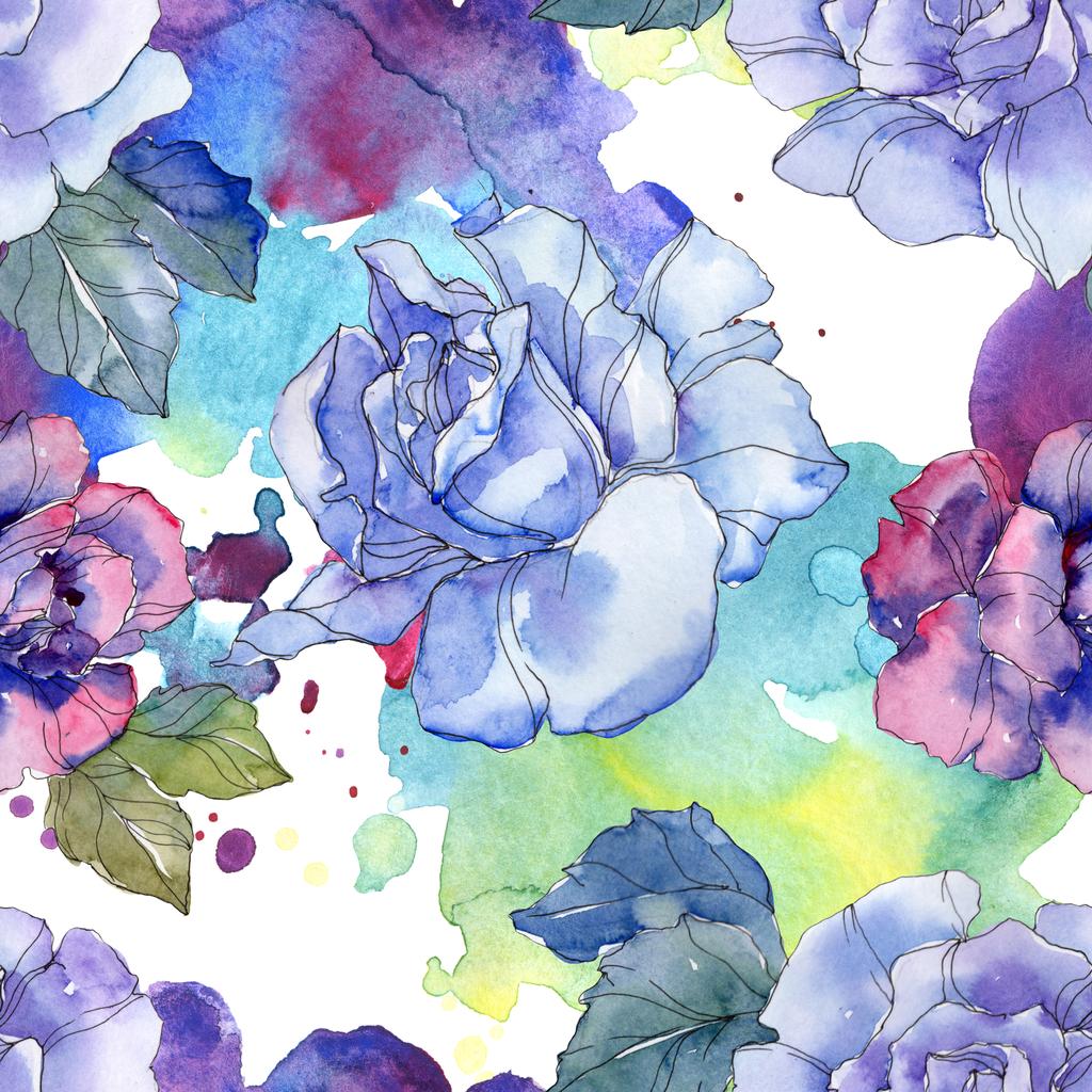 Kék és lila Rózsa virág botanikai virág. Vad tavaszi levél elszigetelt. Akvarell illusztráció készlet. Akvarell, rajz aquarelle. Varratmentes háttérben minta. Anyagot a nyomtatási textúrát. - Fotó, kép