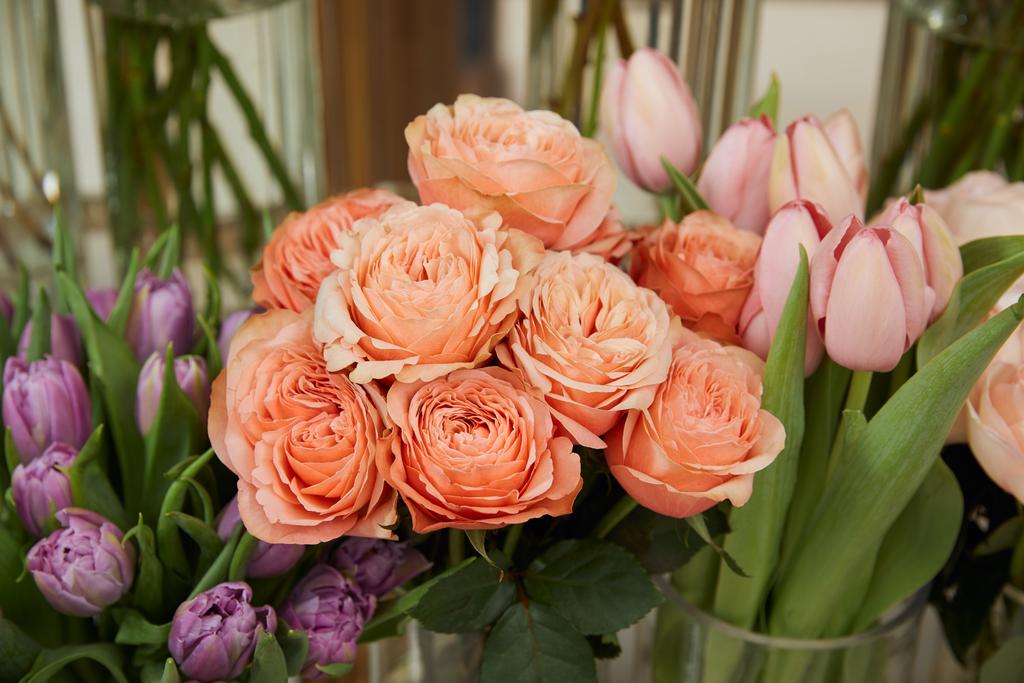 primer plano de rosas y tulipanes en jarrones
  - Foto, Imagen