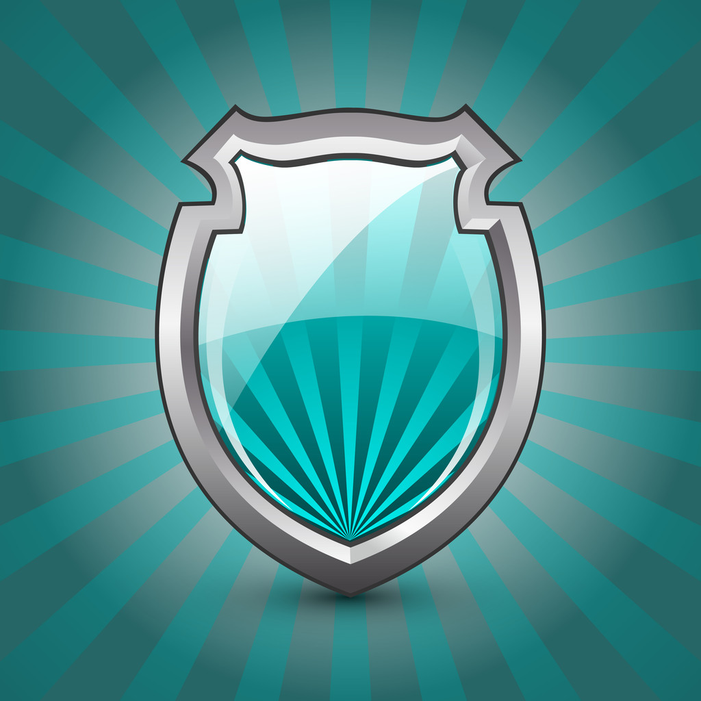 Icono de protección de escudo brillante sobre fondo azul y gris
 - Vector, imagen