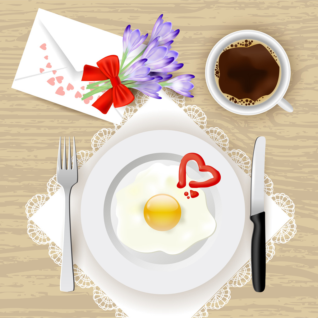 花やロマンチックな朝の食事 - 玉子焼き、コーヒーのイラスト - ベクター画像