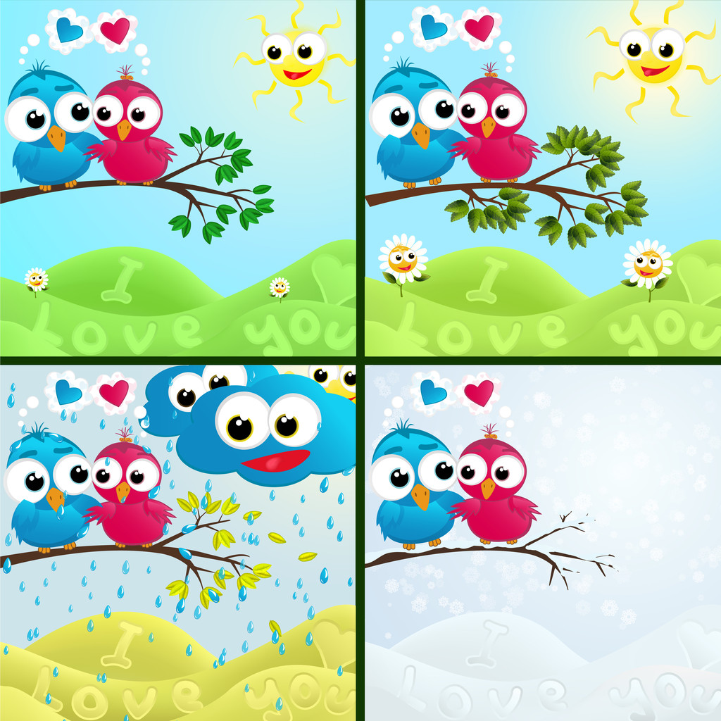 Four couples of birds sitting on branches in different weather - Vector, Image