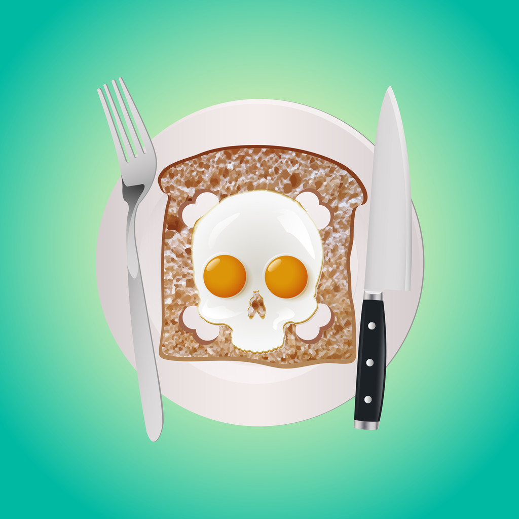 Huevos fritos como un cráneo en el plato blanco y tenedor, cuchillo sobre fondo verde
 - Vector, Imagen