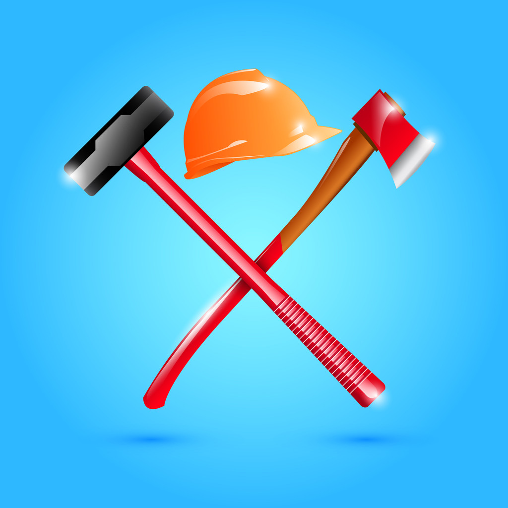 Helmet, hammer and ax isolated on blue background - Vector, Image