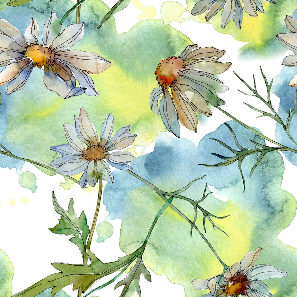 chamomiles, zöld levelek akvarell illusztráció, varratmentes háttérben minta - Fotó, kép