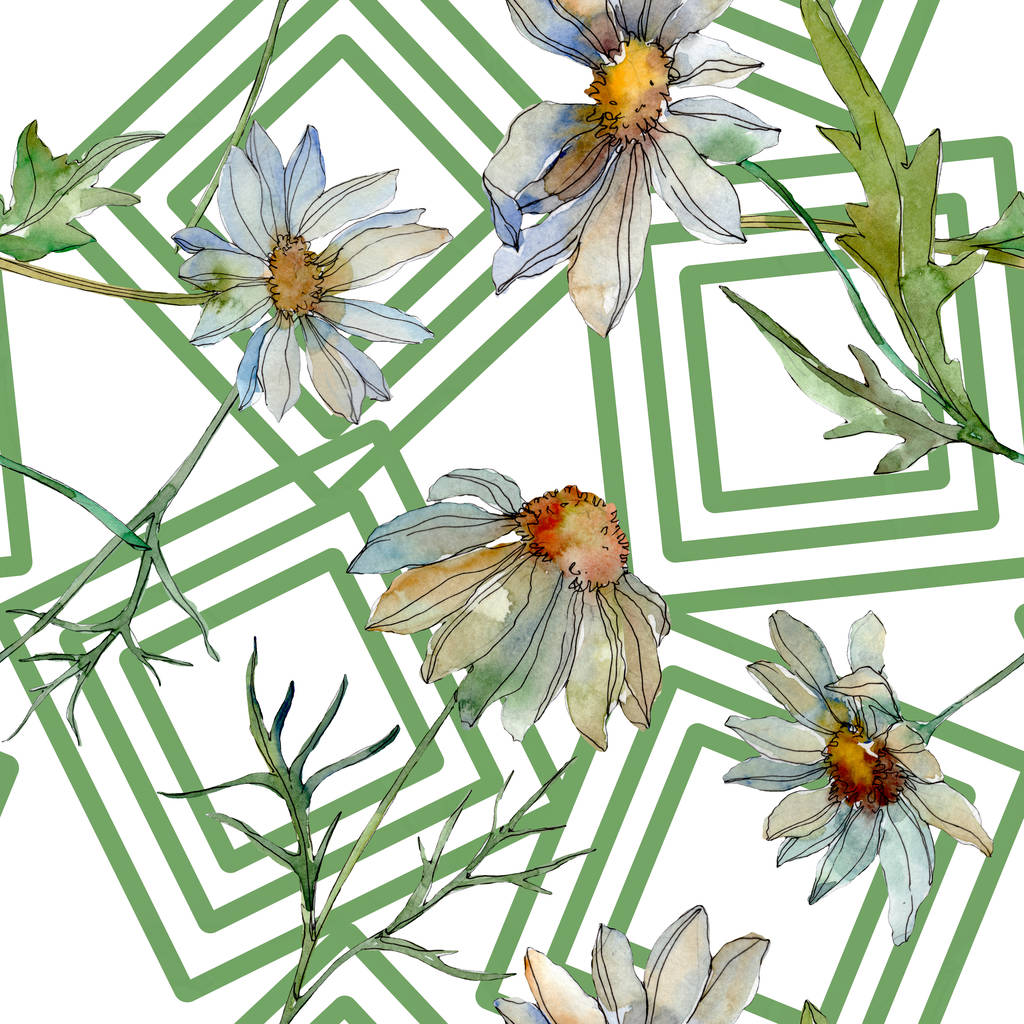 χαμομήλια με πράσινα φύλλα ακουαρέλας εικονογράφηση, απρόσκοπτη υπόβαθρο μοτίβο - Φωτογραφία, εικόνα