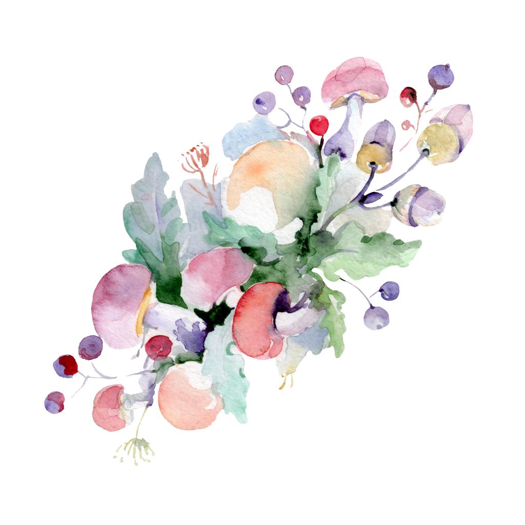 花と果物を持つ花束 野生春葉のワイルドフラワーが分離されました 水彩画背景イラスト セット 水彩描画ファッション Aquarelle 孤立した花束の図要素 ロイヤリティフリー写真 画像素材
