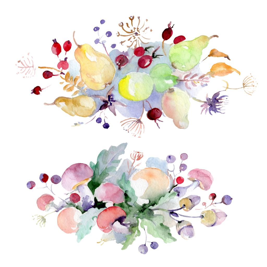 花と果物を持つ花束 野生春葉のワイルドフラワーが分離されました 水彩画背景イラスト セット 水彩描画ファッション Aquarelle 孤立した花束の図要素 ロイヤリティフリー写真 画像素材