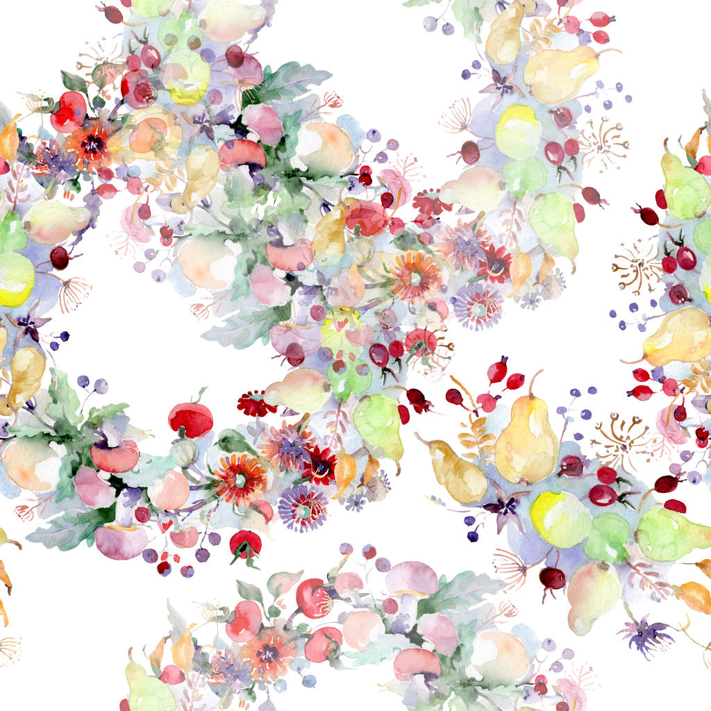 花と果物を持つ花束 野生春葉のワイルドフラワーが分離されました 水彩イラスト セット 水彩描画ファッション Aquarelle シームレスな背景パターン 壁紙印刷手触りの生地 ロイヤリティフリー写真 画像素材