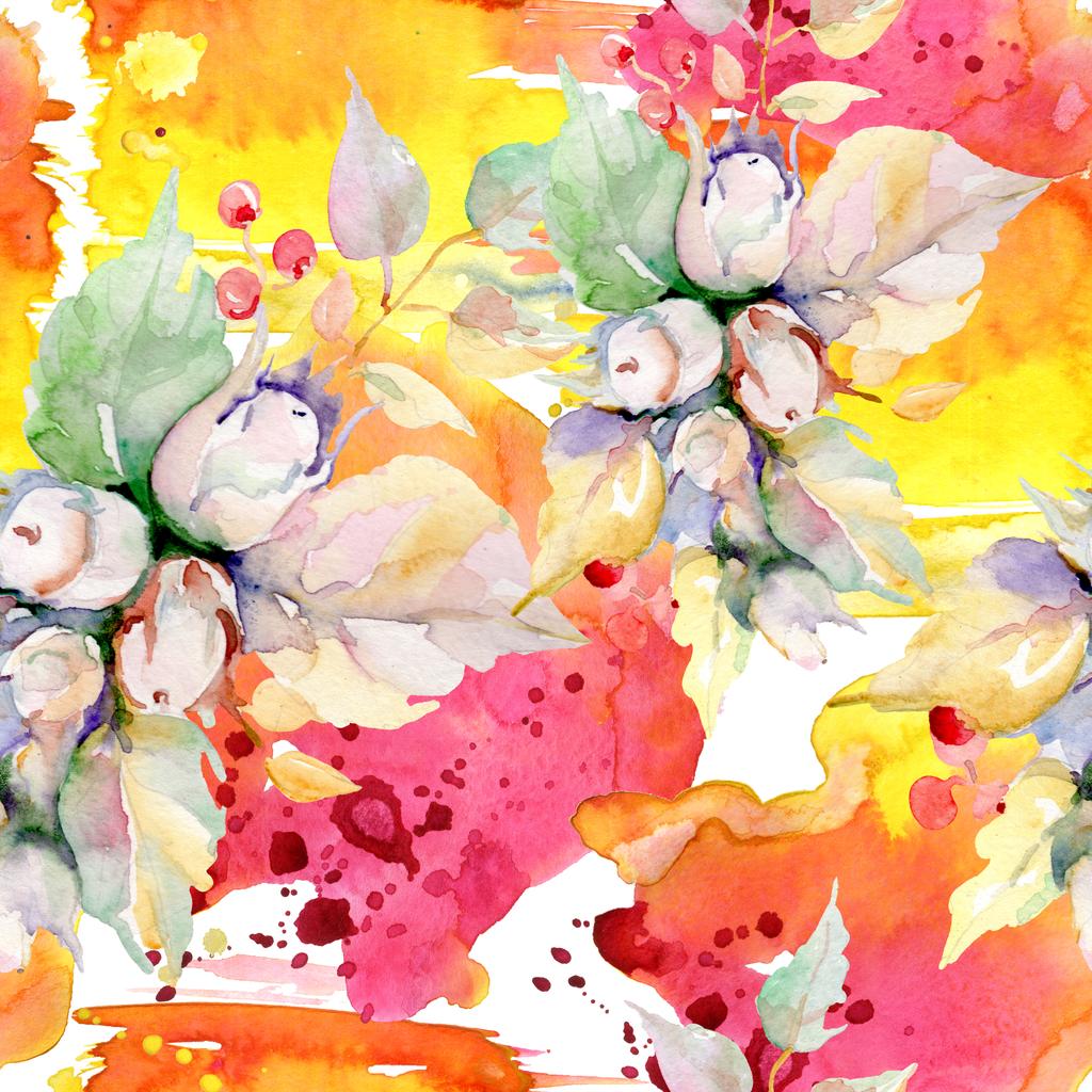 Bouquet of autumn forest fruits. Wild spring leaf isolated. Watercolor illustration set. Watercolour drawing fashion aquarelle isolated. Seamless background pattern. Fabric wallpaper print texture. - Photo, Image