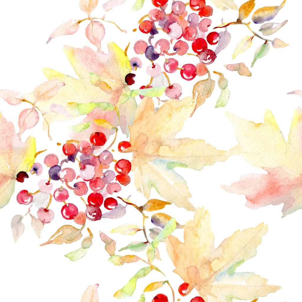 Bouquet of autumn forest fruits. Wild spring leaf isolated. Watercolor illustration set. Watercolour drawing fashion aquarelle isolated. Seamless background pattern. Fabric wallpaper print texture. - Photo, Image