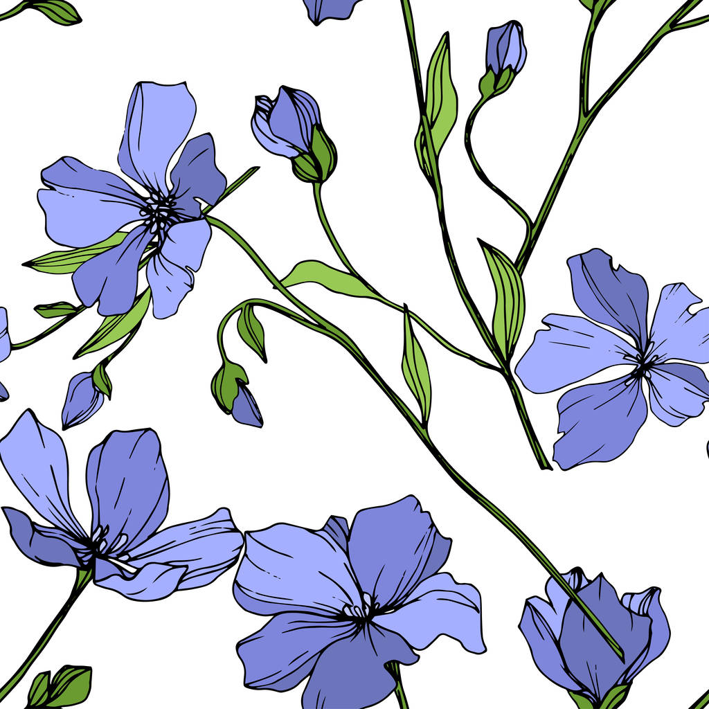 Vector Blue Flax fleur botanique florale. Feuille sauvage de printemps fleur sauvage isolée. Encre gravée. Modèle de fond sans couture. Texture d'impression papier peint tissu
. - Vecteur, image