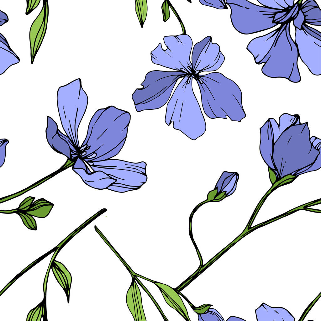 Fiore botanico floreale Vector Blue Flax. Fiore selvatico primaverile isolato. Incisione a inchiostro art. Modello di sfondo senza soluzione di continuità. Tessuto carta da parati stampa texture
. - Vettoriali, immagini