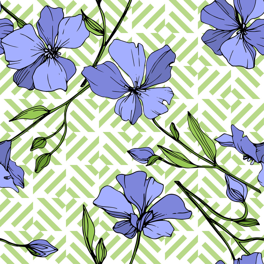 Vektori Blue Flax kukka kasvitieteellinen kukka. Villi kevään lehti luonnonvarainen kukka eristetty. Kaiverrettua mustetaidetta. Saumaton taustakuvio. Kangas tapetti tulostaa rakenne
. - Vektori, kuva