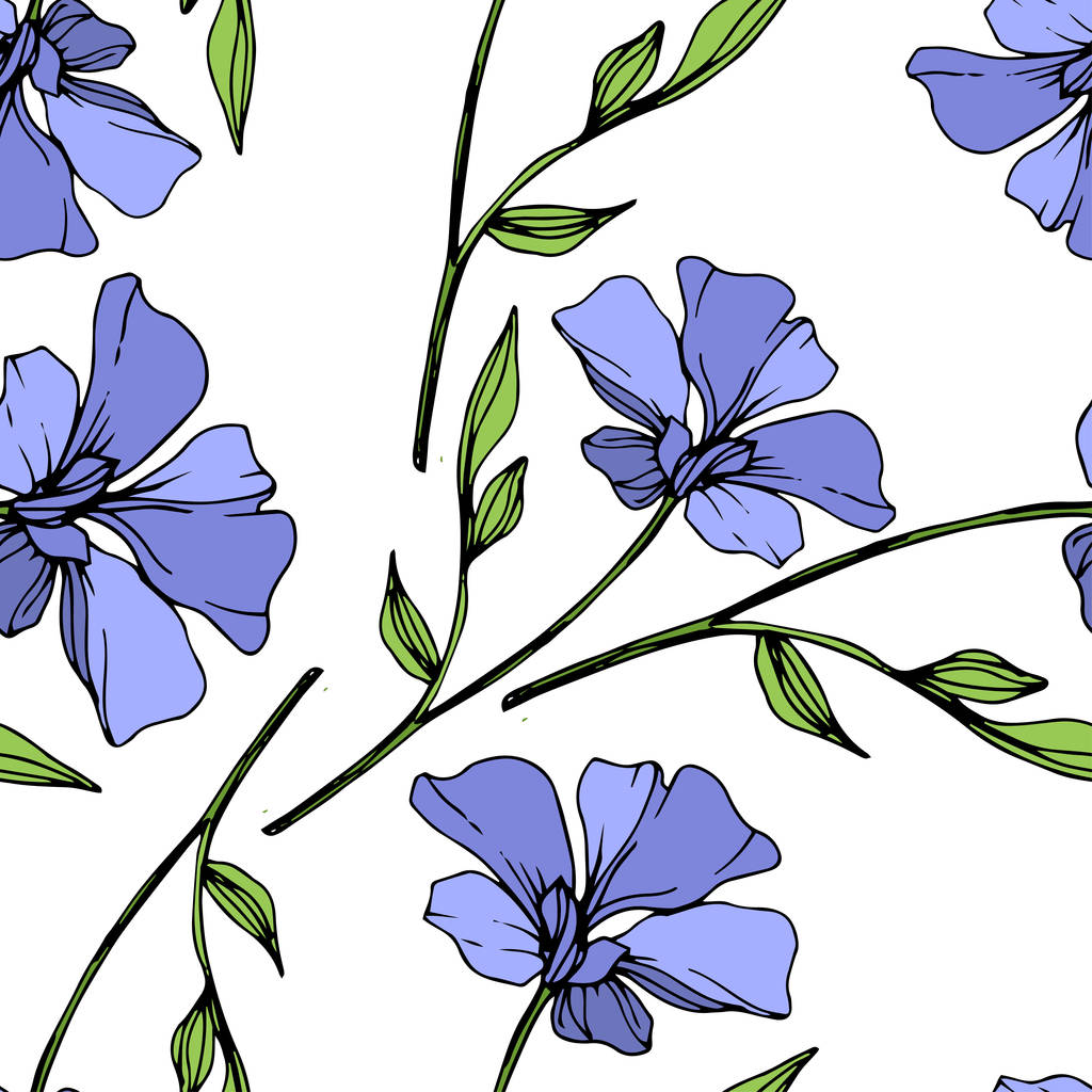 Vektor modré len květinové botanické květina. Divoký jarní listové wildflower izolován. Ryté inkoust umění. Vzor bezešvé pozadí. Fabric tapety tisku textura. - Vektor, obrázek