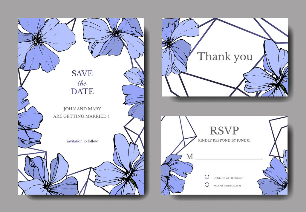 Vector Blue Flax floral botanical flower. Engraved ink art. Wedding background card floral decorative border. Thank you, rsvp, invitation elegant card illustration graphic set banner. - Vector, Image